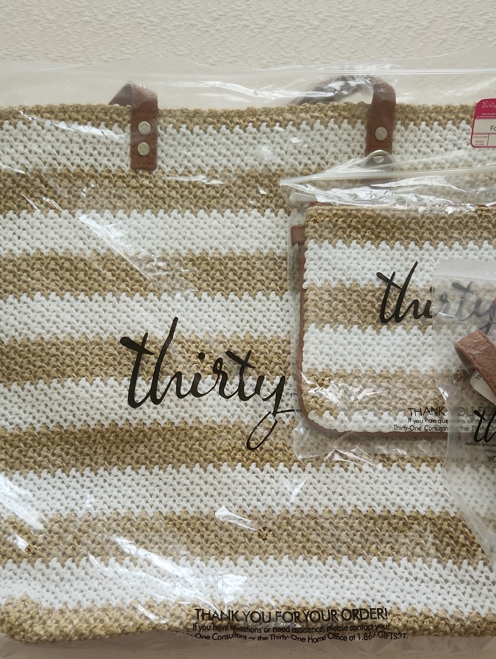 thirty-one Striped Woven Tote and Pouch in White and Tan